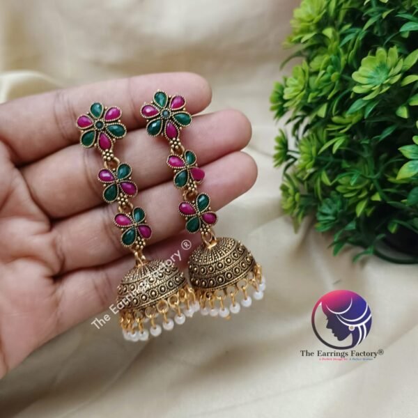 Traditional Golden | Silver Multi Stone Long Jhumka - Image 3