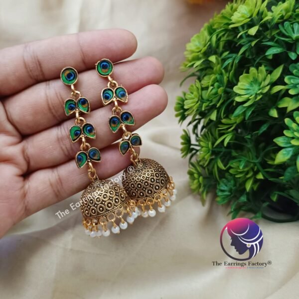 Traditional Golden | Silver Peacock Long Jhumka - Image 3