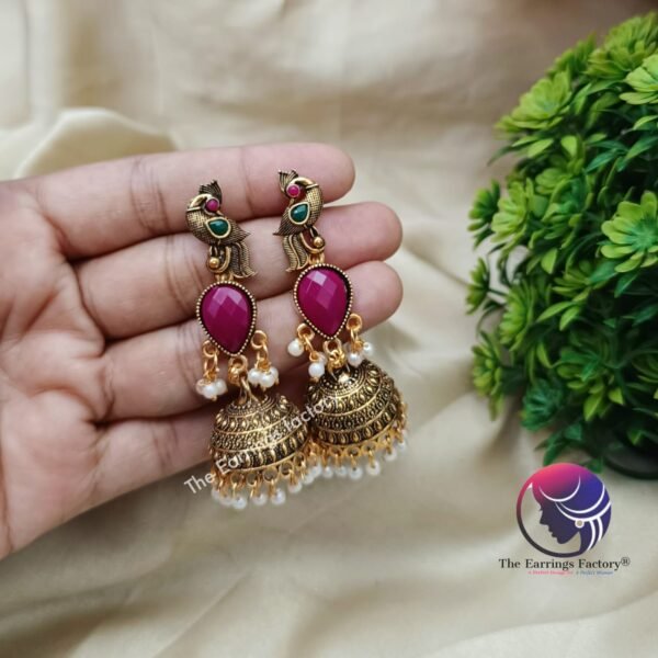 Traditional Golden | Silver Multi Stone Peacock Long Jhumka - Image 3