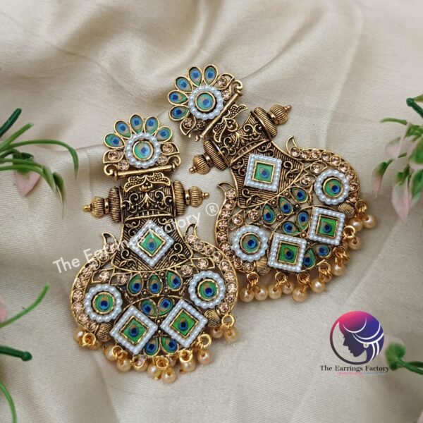 Classic Golden Peacock Feather Earrings - Image 2