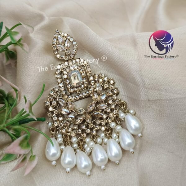 Party Wear Golden Stone Pearl Earrings - Image 4