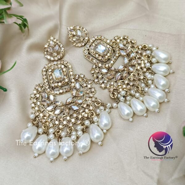 Party Wear Golden Stone Pearl Earrings - Image 3