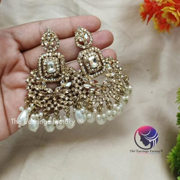 Party Wear Golden Stone Pearl Earrings - Image 2