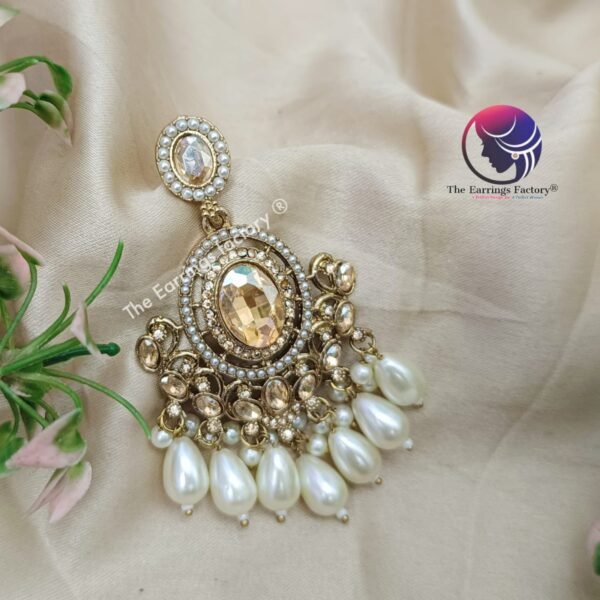 Party Wear Golden Stone Pearl Earrings - Image 3