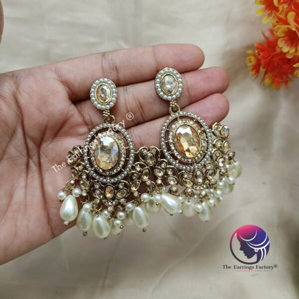 Party Wear Golden Stone Pearl Earrings - Image 2