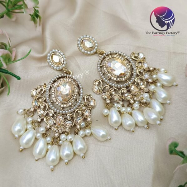 Party Wear Golden Stone Pearl Earrings - Image 4