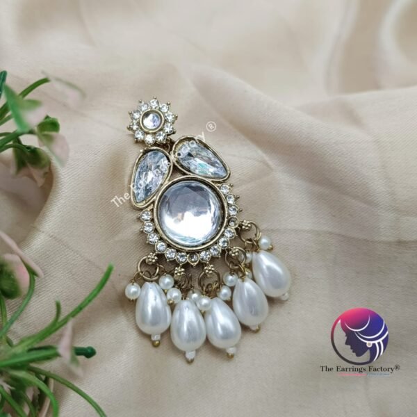 Party Wear Kundan Stone  Pearl Earrings - Image 3