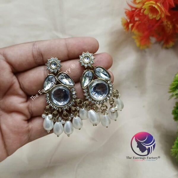 Party Wear Kundan Stone  Pearl Earrings - Image 4