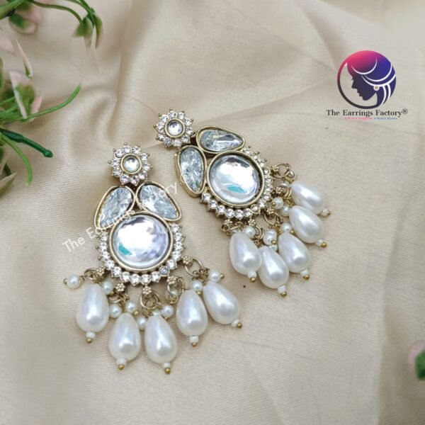 Party Wear Kundan Stone  Pearl Earrings - Image 2