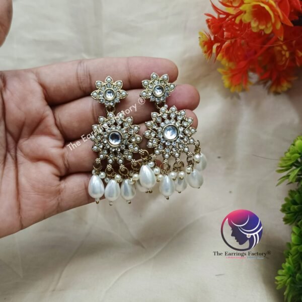 Party Wear Kundan Stone  Pearl Earrings - Image 2