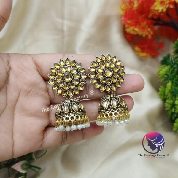 Traditional Golden Stone Jhumka - Image 3