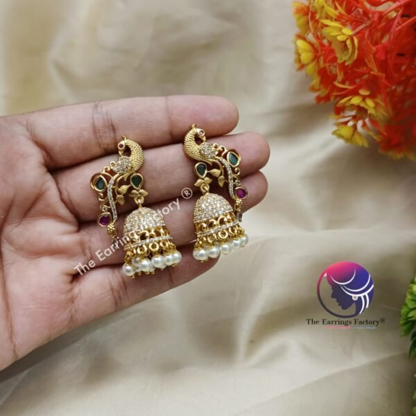 Traditional Antique premium AD Stone Peacock Jhumka - Image 4
