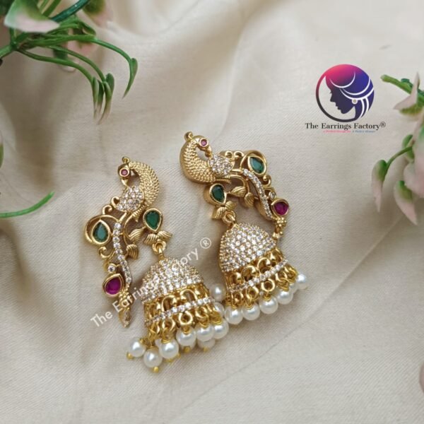 Traditional Antique premium AD Stone Peacock Jhumka - Image 2