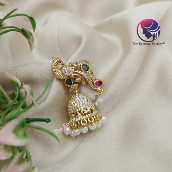 Traditional Antique premium AD Stone Peacock Jhumka - Image 3