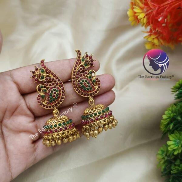 Traditional Antique Multi Stone Peacock Jhumka - Image 3