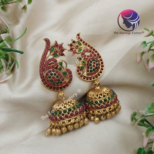 Traditional Antique Multi Stone Peacock Jhumka - Image 2