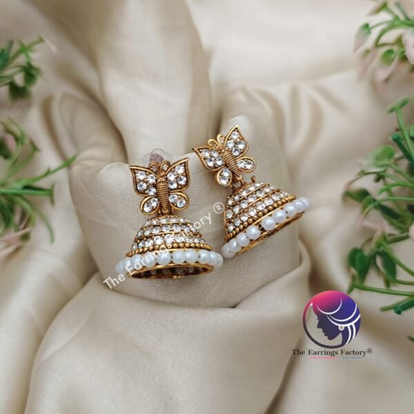 Traditional Golden Butterfly Stone  Pearl Jhumka - Image 3