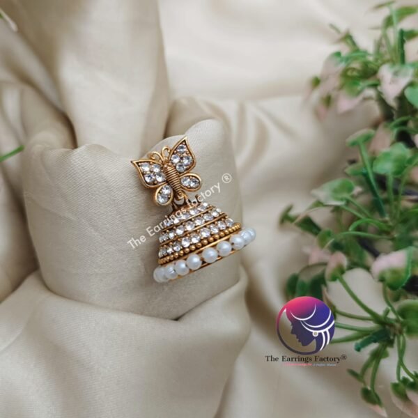 Traditional Golden Butterfly Stone  Pearl Jhumka - Image 2