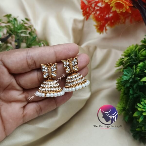 Traditional Golden Butterfly Stone  Pearl Jhumka - Image 4