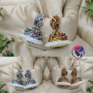 Traditional Golden and Silver Multi Stone Peacock Pearl Jhumka