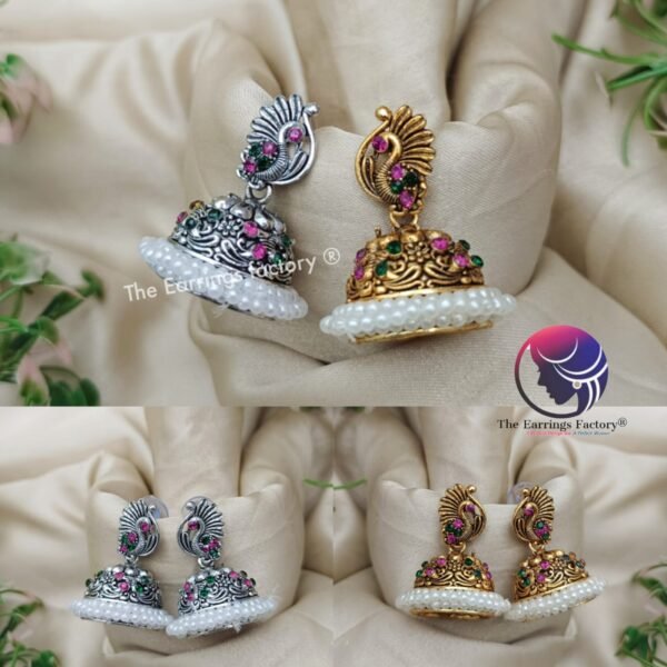 Traditional Golden and Silver Multi Stone Peacock Pearl Jhumka