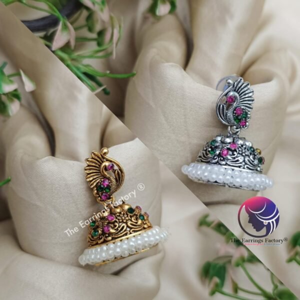 Traditional Golden and Silver Multi Stone Peacock Pearl Jhumka - Image 2