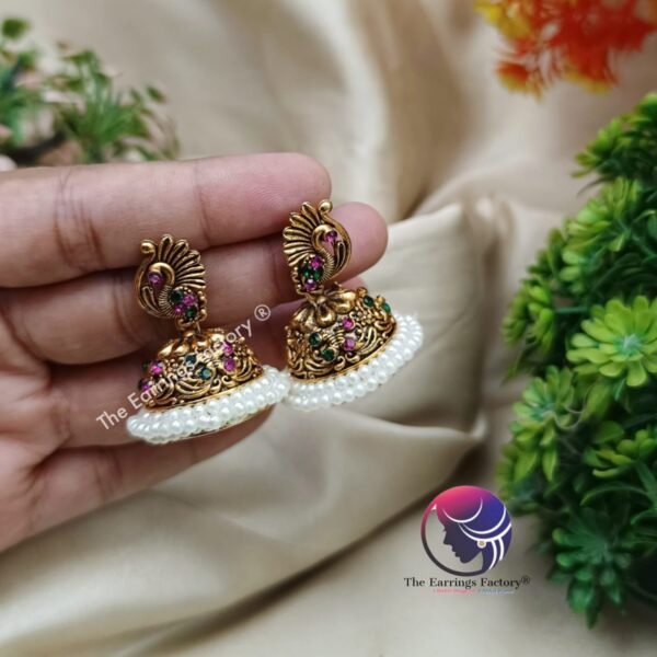 Traditional Golden and Silver Multi Stone Peacock Pearl Jhumka - Image 3
