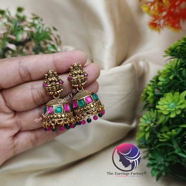 Traditional Golden Multi Stone Lakshmi Jhumka - Image 2