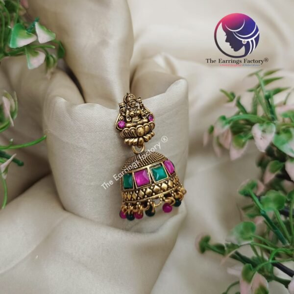 Traditional Golden Multi Stone Lakshmi Jhumka - Image 3