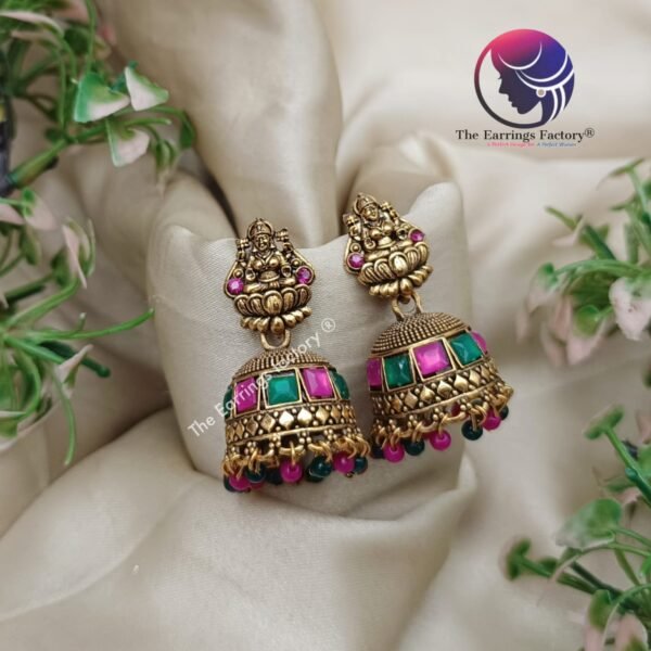 Traditional Golden Multi Stone Lakshmi Jhumka - Image 4