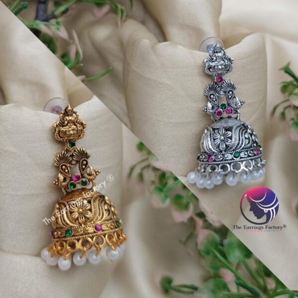 Traditional Golden | Silver Multi Stone Lakshmi Jhumka - Image 2