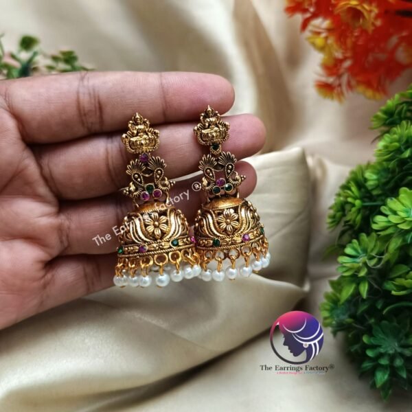 Traditional Golden | Silver Multi Stone Lakshmi Jhumka - Image 3