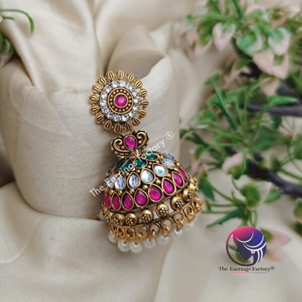 Traditional Golden Colourful Multi Stone Jhumka - Image 2