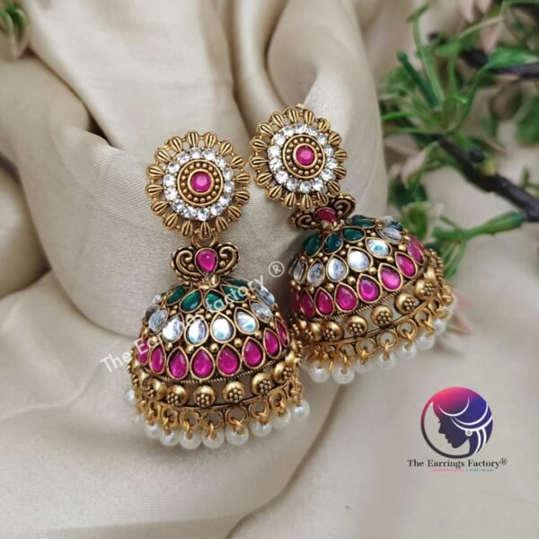 Traditional Golden Colourful Multi Stone Jhumka - Image 3
