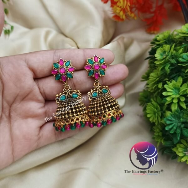Traditional Golden Floral Multi Stone Jhumka - Image 4