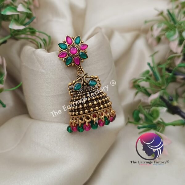 Traditional Golden Floral Multi Stone Jhumka - Image 2