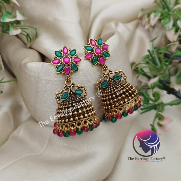 Traditional Golden Floral Multi Stone Jhumka - Image 3