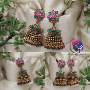 Traditional Golden Floral Multi Stone Jhumka