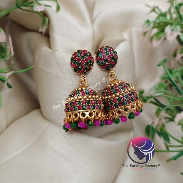 Traditional Golden Multi Stone Jhumka - Image 3