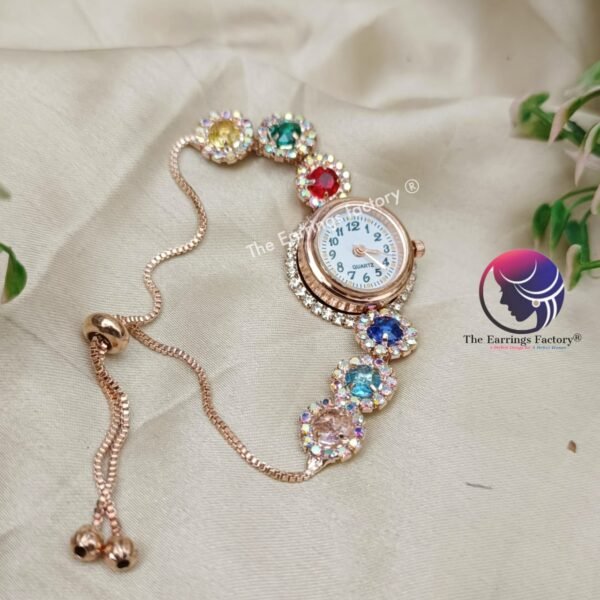 Stylish Crystal Blinking Stone Rose Gold Adjustable Watch Bracelet - Image 2