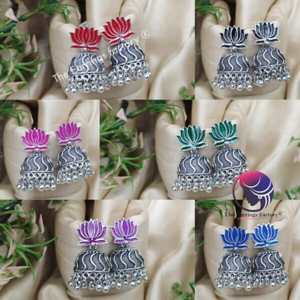 Traditional Silver Colourful Lotus Jhumka - Image 2