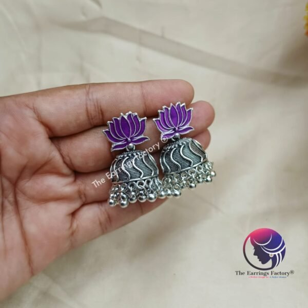 Traditional Silver Colourful Lotus Jhumka - Image 3