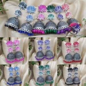 Traditional Silver Colourful Lotus Long Jhumka
