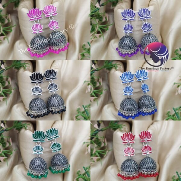 Traditional Silver Colourful Lotus Long Jhumka - Image 2