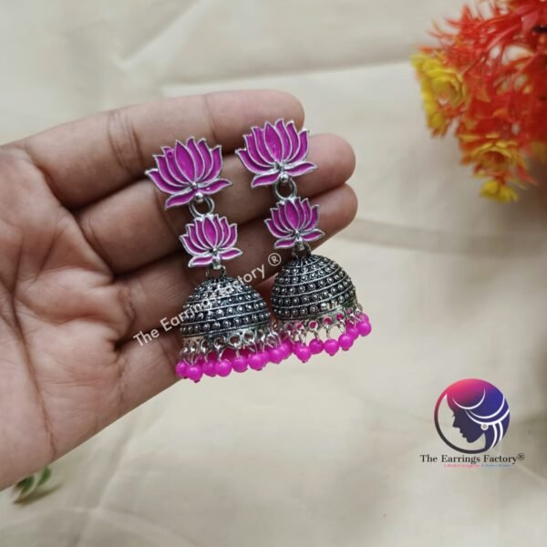 Traditional Silver Colourful Lotus Long Jhumka - Image 3