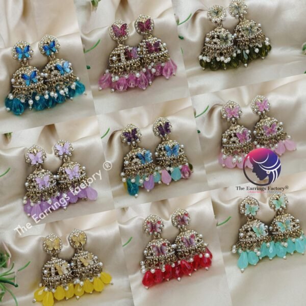Premium Golden Colourful Crystal Beads Pearl Butterfly Jhumka - Image 2