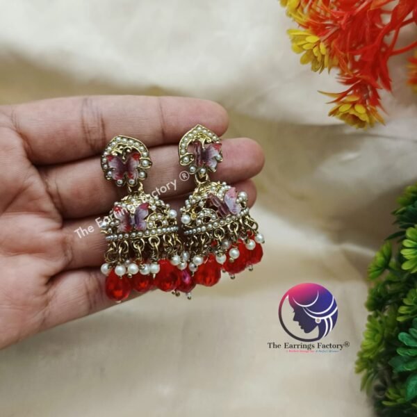 Premium Golden Colourful Crystal Beads Pearl Butterfly Jhumka - Image 3