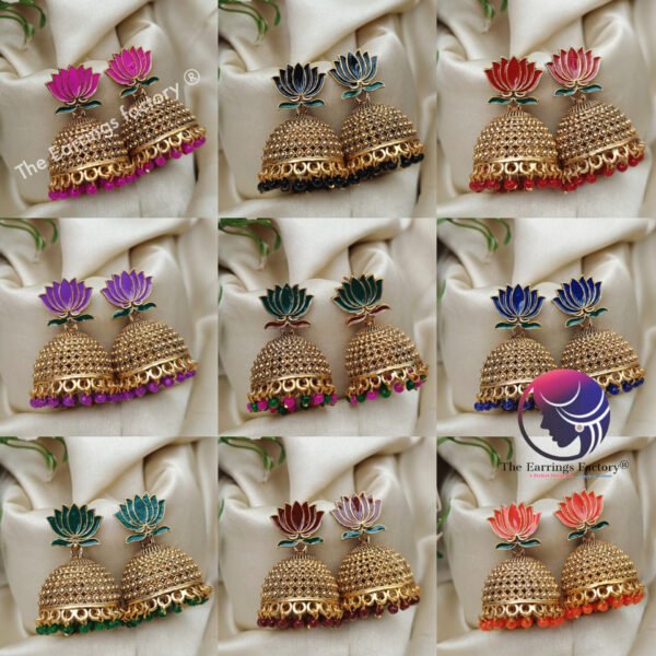 Traditional Golden Colourful Lotus Jhumka - Image 3
