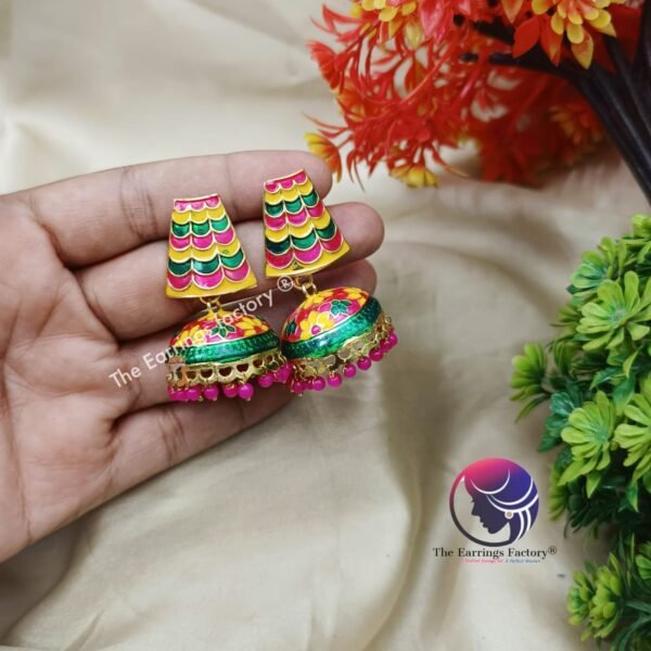 Trending Weightless Hand Painting Meenakari Golden jhumka - Image 2