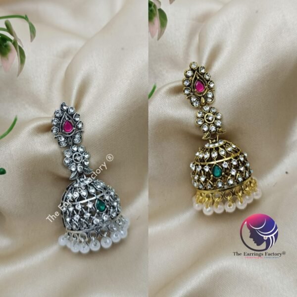 Traditional Golden | Silver Floral Stone Jhumka - Image 2